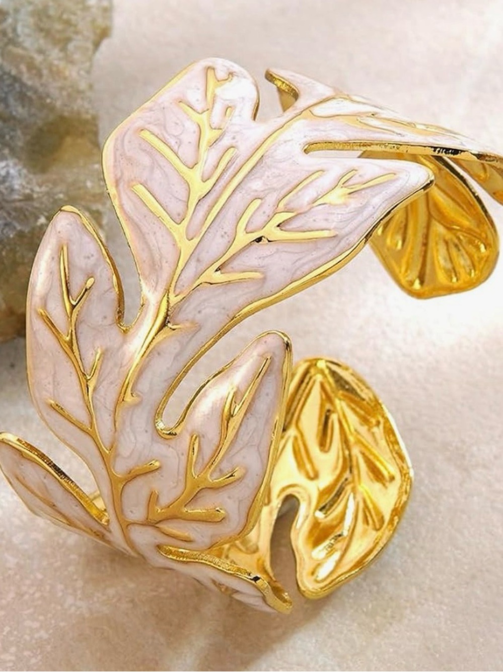 NEW 18K Gold Plated Enamel Gold and Blush Leaf Cuff Bracelet